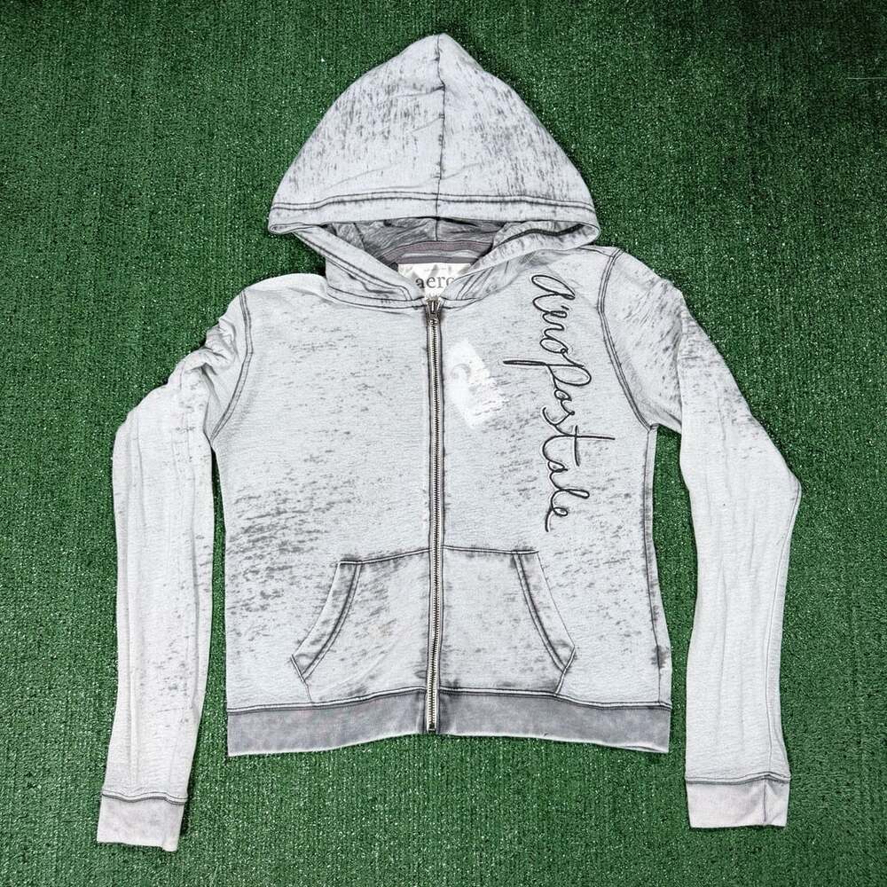 Aero Vintage Y2K Super Thin Knit Full Zip Hoodie Grey White Distressed Medium